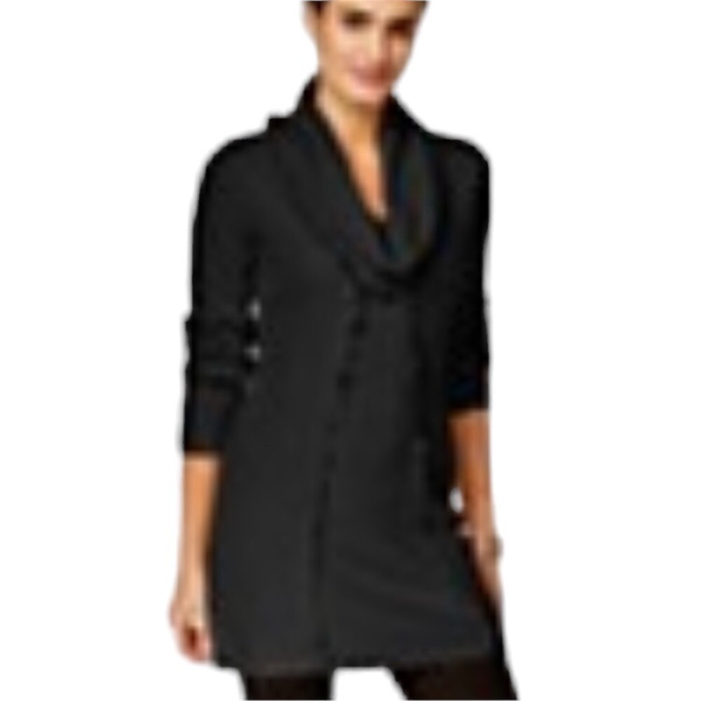 Style & Co Black Knit Sweater Tunic Pullover Cotton Blend Cowl Neck Fringe